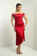 Kadın Madonna Yaka Drapeli Asimetrik Saten Kısa Elbise