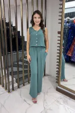 Kadın V Yaka Önü Düğmeli Bluz Beli Lastikli Cepli Palazzo Pantolon Ayrobin 2'li Takım