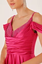 İp Askılı Düşük Kollu Taş Detaylı Önü Drapeli Astarlı Uzun Saten Abiye Elbise