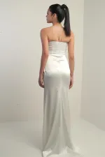 Women's Strapless Front Underwired Lined Satin Long Dress
