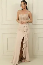 Women's Long Dress with Beaded Embellishment, Underwired, Transparent, Ruffled Front, and Slit, Lined.