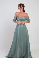 Kadın Parlak Taş Detaylı Straplez Düşük Kollu Organze Uzun Elbise