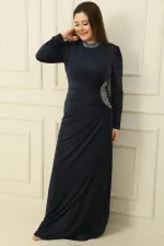 Plus Size Long Hijab Dress with Stone Embellished Collar and Sides, Lined and Gathered