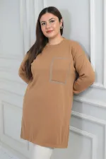 Kadın Önü Tek Cepli Taş Baskı Detaylı Büyük Beden TrikoTunik Bluz