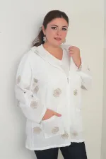 Veste à capuche avec poches plaquées, broderie spirale pailletée, délavée, fermeture éclair, grandes tailles