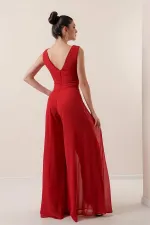 Waist-detailed, front and back V-neck, lined chiffon jumpsuit.