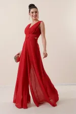 Waist-detailed, front and back V-neck, lined chiffon jumpsuit.