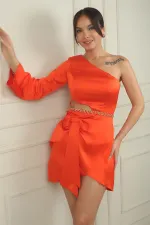 Women's Single Sleeve Low-Cut Chain-Bow Detailed Lined Short Satin Dress