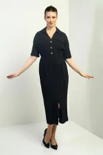 Women's Single Pocket Half-Buttoned Gradient Dress with Front Slit