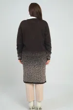 Kadın Cepli Leopar Karyağdı Desen Büyük Beden Triko Uzun Hırka