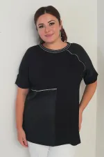 Kadın Deri Garnili Sim Detaylı Likralı Büyük Beden Bluz