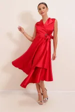 Wrap Neckline Lace-up Satin Dress