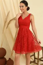 V Yaka Astarlı Dantel Elbise