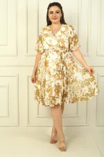 Kadın Kruvaze Yaka Volan Kollu Astarlı Beli Kuşaklı  Büyük Güllü Büyük Beden Şifon Elbise