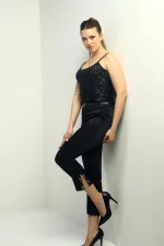 Kadın Beli Kemerli Yandan Cepli Paçası Taşlı Saten Pantolon