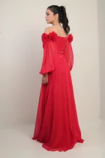 Women's Floral Madonna Neckline Belted Lined Chiffon Long Dress