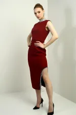 Women's Embellished Mandarin Collar Belted Waist Midi Dress with Side Chain Detail and Slit.