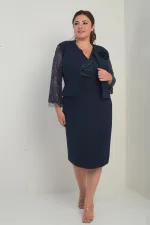 Kadın Kruvaze Yaka Beli Drapeli Elbise Kolları Tül Ceket Astarlı Pul Detaylı Büyük Beden 2'li Takım