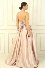 Women's Strapless Back Lace-Up Belted Embellished Lined Pleated Satin Full Circle Flared Dress