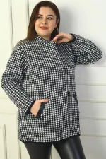 Women's Snap Front Pockets Leather Detail Houndstooth Plus Size Acrylic Cardigan