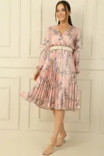 Kruvaze Yaka Astarlı Beli Kemerli Leopar Desen Pileli Saten Elbise