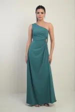 Kadın Tek Omuz Yan Pencere Detaylı Uzun Krep Saten Elbise