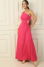 Women's One-Shoulder Long Crepe Satin Dress with Side Window Detail
