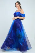 Kadın İnce Askılı takma Kollu Astarlı Çiçekli Organze Uzun Elbise