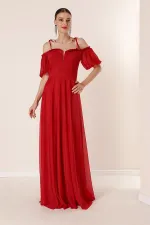 Long Dress with Pleated Neckline, Balloon Sleeves, Lined, and Glittery Embellishments.