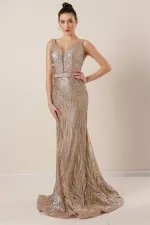 Thick Strap Ghost Tulle Lined Glittery Long Dress