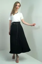 Women's Loose-Fitting Long Skirt with Linen Effect Trim and Waist Accessory