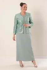 Veste à paillettes, manches demi-lune, robe en crêpe doublée, costume 2 pièces grande taille