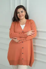 Kadın Kolları Düğme Detaylı Soğuk İplik Büyük Beden Uzun Hırka