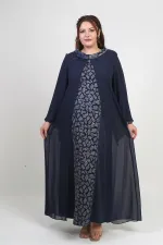 Kadın Üstü Şifon Pelerinli Pul Taş Detaylı Geometrik Desen Likralı B.B. Uzun Elbise