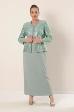 Veste à paillettes, manches demi-lune, robe en crêpe doublée, costume 2 pièces grande taille