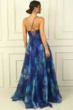 Kadın İp Askılı Arkası Bağcıklı Önü Drapeli Çiçekli Organze Uzun Elbise