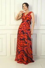 Women's Front and Back V-Neck Lined Abstract Patterned Tulle Long Dress