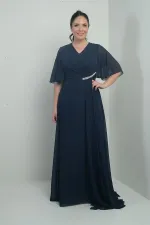 Robe longue en mousseline pour femme, grande taille, col en V, ceinture ornée de pierres, drapée et doublée
