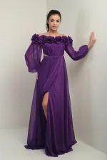 Women's Floral Madonna Neckline Belted Lined Chiffon Long Dress