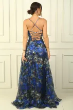 İp Askılı Arkası Bağcıklı Astarlı Pileli Organze Uzun Elbise