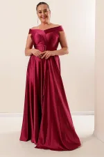 Madonna Neckline Belted Lined Slit Plus Size Long Satin Dress