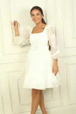 Women's Square Neck Long Sleeve Belted Pleated Organza Short Dress