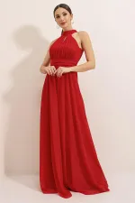 Boyundan Bağlamalı Astarlı Simli Uzun Elbise