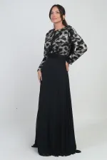 Kadın Çiçekli Kemer Detaylı Üstü Pullu Astarlı Şifon Uzun Elbise