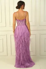 Robe bustier à bretelles perlées, doublure à franges et long tulle