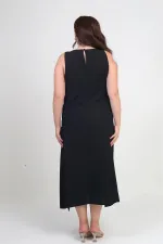 Kadın Yuvarlak Yaka Astarlı Metal Detaylı Büyük Beden Krep Midi Tasarım Elbise