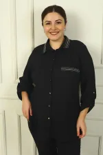 Women's Plus Size Waffle Shirt with Fold-Up Sleeves, Collar and Pocket Trim