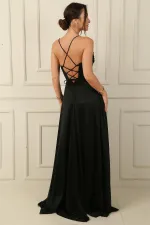 İp Askılı Balenli Üstü Drapeli Astarlı Tül Simli Uzun Abiye Elbise