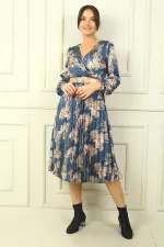 Kruvaze Yaka Astarlı Beli Kemerli Leopar Desen Pileli Saten Elbise