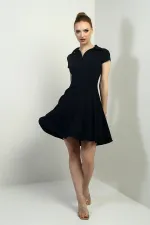 Kadın Polo Yaka Ay Kollu Likralı Kloş Kısa Elbise